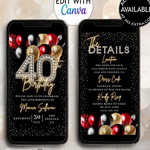 Red Black Gold 40th Birthday Video Invitation Template Diamonds Editable Forty Birthday Dinner Party Invite Balloons Evite Text for Women