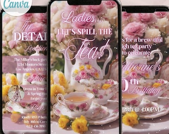 Plantilla de invitación clásica floral rosa para fiesta de té, invitación animada para té de la tarde para mujeres, fiesta de brunch glamurosa, texto de brunch para fiesta de té para adultos, Evite