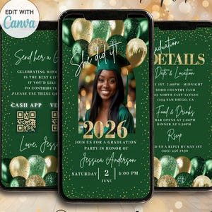 Editable Green Gold Graduation Invitation Template Graduation Dinner Video Invite Graduation Itinerary DIY Picture 2026 Grad Evite QR Code