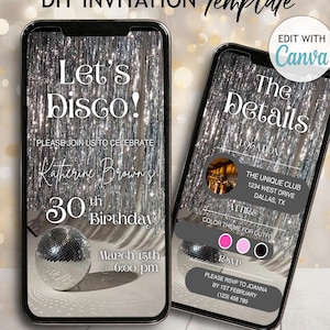 Invitación a fiesta de discoteca plateada con bola de discoteca brillante digital, plantilla de invitación de video de neón para fiesta de cumpleaños, editable en Evite