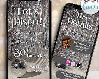 Lets Disco Silver Party Invitation Digital Shiny Disco Ball Birthday Party Invite Neon Video Invitation Template Disco Party Editable Evite