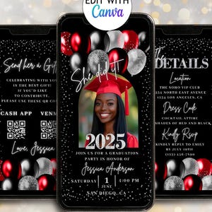 Invito digitale per la laurea in nero e rosso, modello di invito per la cena di laurea del 2025, codice QR modificabile, invito video, invito con foto di laurea.