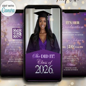 Plantilla de invitación morada para fiesta de graduación: folleto de invitación con foto para graduados de 2026, invitación para fiesta de graduación de derecho, cena digital con código QR de Evite
