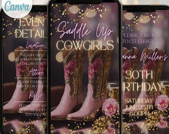 Invito per festa a tema cowgirl rosa fai da te Invito video di compleanno a tema western rodeo rosa Modello floreale dorato fai da te Invito con stivali da cowgirl scintillanti