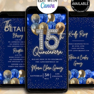 Invitación digital azul rey y dorado para quinceañera, plantilla de invitación para fiesta de 15 años, texto electrónico de Mis Quince, globos animados de Evite