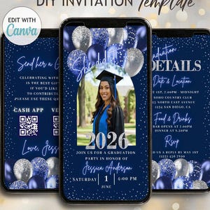 Custom Graduation Invitation Template, Navy and Silver Theme, Editable Digital Download, Navy Blue Silver Editable Graduation Invite TemplateGraduation Party Invitation Dinner Vide Class 2026 Grad Announcement Picture + QR Code