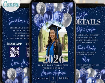 Navy Blue Silver Editable Graduation Invite Template Graduation Party Invitation Dinner Video Class 2026 Grad Announcement Picture + QR Code