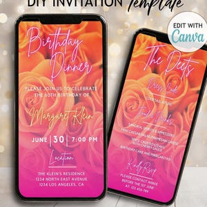 Digital Orange Roses Birthday Invitation Template Neon Pink Party Evite Electronic Birthday Dinner Invite Editable Template animated evite