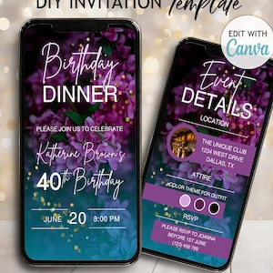 Plantilla de invitación de cumpleaños floral morada, invitación de video de cumpleaños editable, invitación de cumpleaños morada y azul, invitación DIY para mujeres, invitación de cena degradada