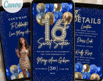 Royal Blue Gold Sweet Sixteen Birthday Video Animated Invitation Template: 16th Birthday Invite Party with Picture DIY Digital 16 Evite
