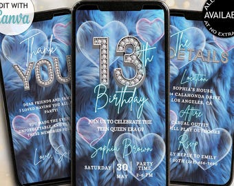 Digital 13th Blue Birthday Party Invitation Blue Faux Fur Video Invite with Diamonds Hearts Thirteen Animated Invite for Girl Editable Evite