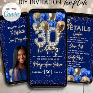 Puede incluir: Tres smartphones muestran una plantilla de invitación de cumpleaños número 30 en azul marino. El diseño incluye globos dorados y azules, detalles brillantes y el texto "30th Birthday". La invitación incluye detalles del evento.