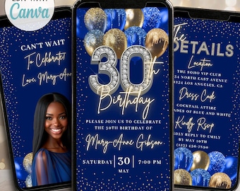 Puede incluir: Tres smartphones muestran una plantilla de invitación de cumpleaños número 30 en azul marino. El diseño incluye globos dorados y azules, detalles brillantes y el texto "30th Birthday". La invitación incluye detalles del evento.