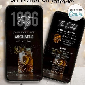 Forty Whiskey-Themed Birthday Invitation Digital 40th Birthday Invitation Men Forty Whiskey Dinner Party Template Black DIY Born 1986 Evite