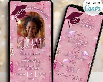 Invitación de graduación rosa con gemas brillantes para niños, invitación para niña graduada, plantilla de invitación para jardín de infantes, prejardín de infantes, primaria, foto de graduación de escuela rosa