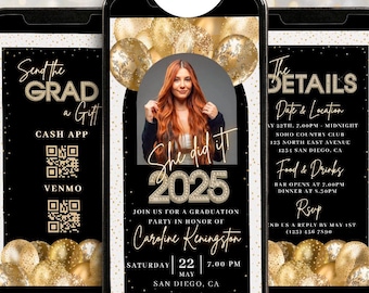 Digital Gold Black Graduation Invitation Template Class 2025 College Grad Party Announcement Video Invite with Photo Senior Graduation Evite