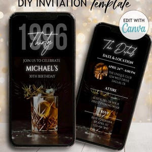 Digital 30th Birthday Invitation for Men Born in 1996 Whiskey Dinner Party Template DIY Thirty Editable Men Animated Black Evite
