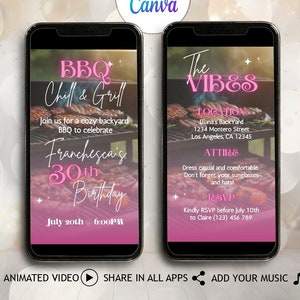 Digital BBQ Chill Grill Video Invitation Template Pink Backyard BBQ Birthday Party Garden Evite Cookout Spring Dinner Invite Summer Evite