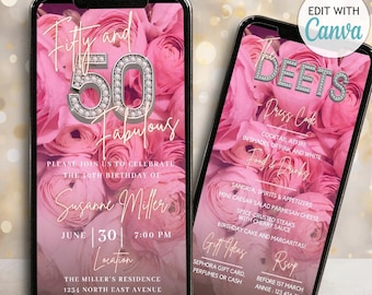 Plantilla de invitación digital rosa para el 50 cumpleaños con diseño floral, invitación animada con video floral, diamantes para mujer, invitación de cumpleaños fabulosa para cincuenta años de Evite.
