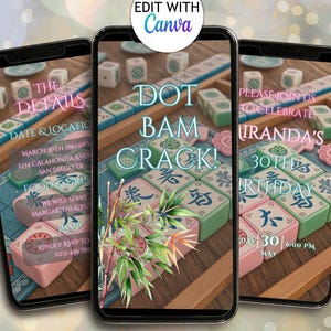 Puede incluir: Una invitación digital para una fiesta de cumpleaños número 30 con temática de dominó chino. La invitación presenta una ilustración colorida de dominós chinos, plantas de bambú y el texto "Dot Bam Crack!" y "Por favor, únase a nosotros para celebrar el 30 cumpleaños de [Name]".