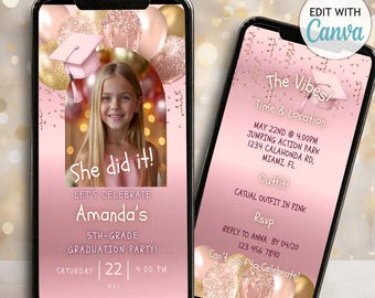 Invitación para fiesta de graduación de 5.º, 6.º, 7.º y 8.º grado en oro rosa. Invitación para niños de secundaria. Folleto de anuncio de graduación DIY. Video de primaria. Evite.