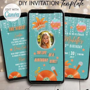 Invitación digital para la cumpleañera, invitación para vedette, fiesta de karaoke, plantilla editable para chicas, invitación para fotos infantiles