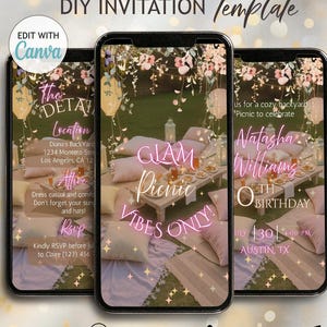 Picnic Vibes Invitation Template, Digital Summer Glam Birthday Evite, DIY Garden Picnic Brunch Party Invite, Outdoors Tea-Party Evite