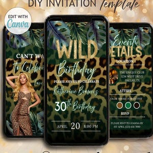 Green Wild Birthday Invitation: Cheetah Print Invite Forest Green Leaves Birthday Party Invitation with Picture Animated Leopard Print Evite