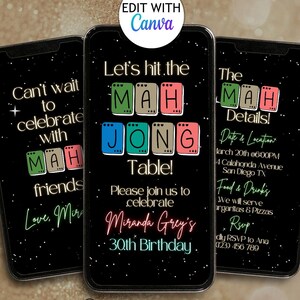 May include: Three smartphones displaying a birthday party invitation. The invitation text includes "Let's hit the MAH JONG Table!" and "Miranda Grey's 30th Birthday." The background is black with white star-like dots.