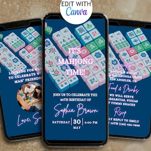 以下が含まれることがあります： 30歳の誕生日パーティーのデジタル招待状。青とピンクの招待状には、麻雀タイルのデザインと「It's Mahjong Time!」の文字が書かれています。招待状には、誕生日を迎える人の名前、ソフィア・ブラウン、パーティーの日時、場所も記載されています。