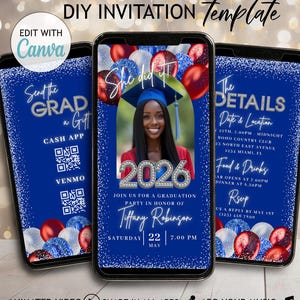 Invitación de graduación estadounidense azul y roja, volante para graduados de último año de la clase de 2026, invitación en video animada, imagen y código QR de bricolaje Evite