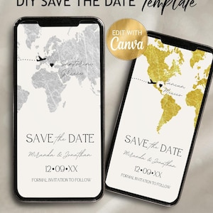 Destination Wedding Save The Date Invite Silver Map Invitation World Location Digital City Overseas Wedding Invite Editable Save our Date