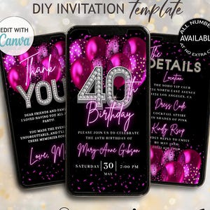 Invito digitale per la cena del 40° compleanno in rosa acceso e nero con diamanti e video invito per il 40° compleanno in fucsia, invito animato per la festa in rosa.