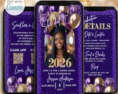 Purple Gold Graduation Digital Invitation Animated Template Class of 2026 Senior Grad Picture Announcement Evite Grad Dinner Invite QR Code