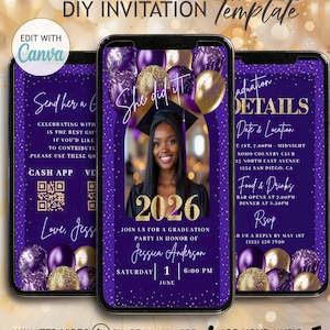 Purple Gold Graduation Digital Invitation Animated Template Class of 2026 Senior Grad Picture Announcement Evite Grad Dinner Invite QR Code