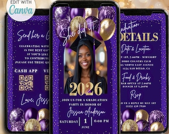Plantilla animada de invitación digital de graduación de oro púrpura Anuncio de foto de graduación de la clase de 2026 Invitación a cena de graduación de Evite Código QR