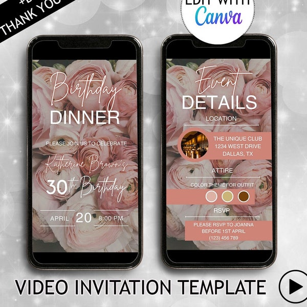 Digital Birthday Dinner Invitation Editable Birthday Party Digital Dinner Party Invite Electronic Floral Video Invitation Template Evite