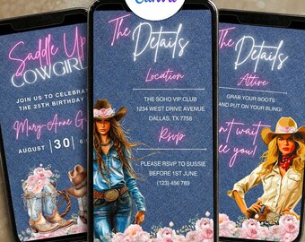 Denim Cowgirls Party Invitation Western Themed Birthday Party Invite Template Video DIY Saddle Up Yeehaw Floral Rodeo Nashville Evite