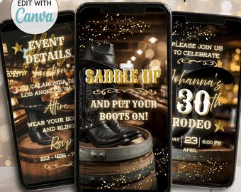 Digital Western Hoedown Birthday Party Invite Animated Black Cowboy Party Invitation Cowgirl Last Rodeo Evite DIY Saddle Up Boots Bling