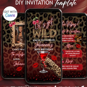 Digital Lets Get Wild Party Invite Cheetah Birthday Leopard Print Invitation Cherry Evite Wild Animal DIY Ladies Party DIY Girls Night