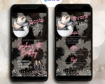 Digital Boots and Bling Cowgirl Birthday Party Invitation Editable Disco Ball Party Invite Template Cowhide Western Themed Evite Rodeo Party