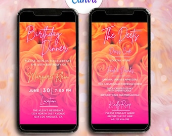 Digital Orange Roses Birthday Invitation Template Neon Pink Party Evite Electronic Birthday Dinner Invite Editable Template animated evite