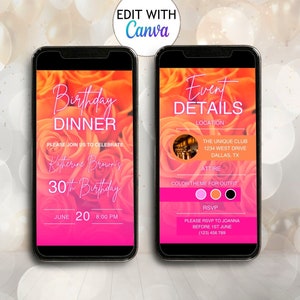 Digital Orange Pink Roses Dinner Party Invitation Template Electronic Birthday Neon Floral Party Evite Editable Birthday Video Invite Flower