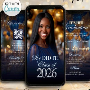 Modèle d'invitation de remise des diplômes bleu tronc numérique invitation à la fête de remise des diplômes photo classe 2026 fête des diplômés QR Code invitation à dîner des diplômés de l'université