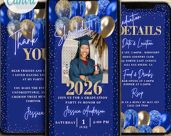 Plantilla de invitación de graduación azul real DIY 2026 Invitación electrónica dorada para cena de graduación Globos de video animados Grad Evite