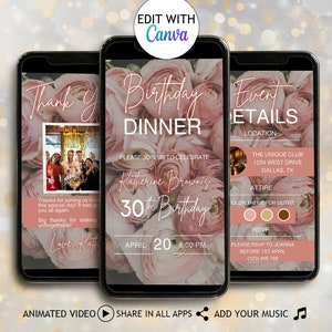 Digital Birthday Dinner Invitation Editable Birthday Party Digital Dinner Party Invite Electronic Floral Video Invitation Template Evite