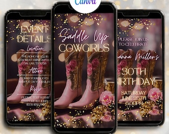 Editable Pink Cowgirl Themed Party Invite Pink Western Birthday Floral Video Invitation Gold Birthday Template Cowgirl Boots Evite Roses