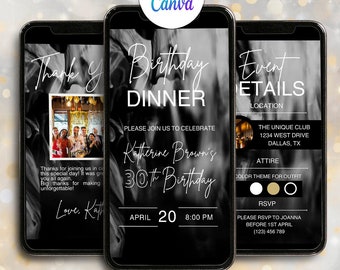 Digital Black White Birthday Dinner Invitation Template Electronic Birthday Party Video Invitation Editable Silver Dinner Evite Adult Party