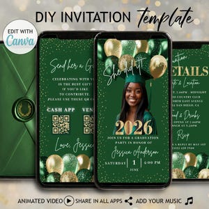 May include: A digital graduation invitation template on smartphones. The design features a green and gold color scheme with balloons, confetti, and the text "She did it" and "2026". The invitation includes details for a graduation party.