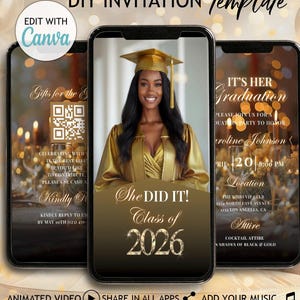 Invitación digital dorada para fiesta de graduación con código QR, plantilla de invitación con foto para graduados de 2026, folleto de graduación de ciencias, foto editable